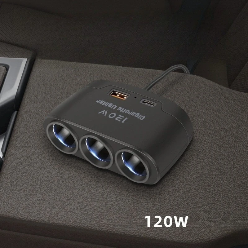 120W 3 in 1 Car Cigarette Lighter Splitter USB Type C Socket Fast Charger Phone Power Adapter 12V 24V for Car DVR GPS Dashcam