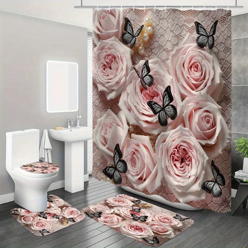 

4 шт. Черная бабочка и розовый жемчужный узор, полиэфирная ткань, занавеска для душа, коврик для унитаза, нескользящий коврик, U-образный коврик