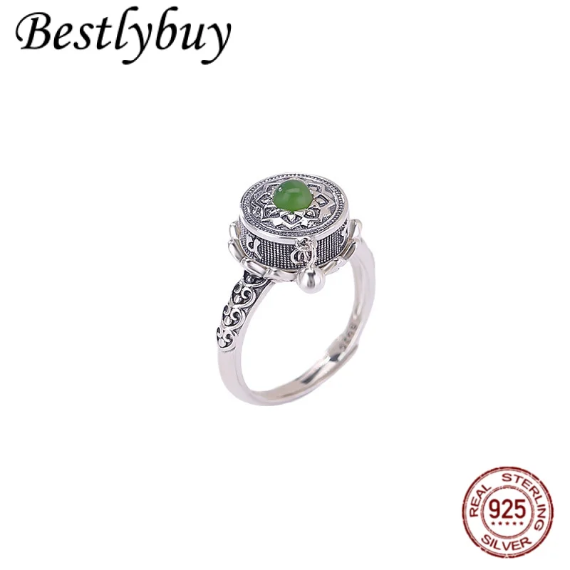 

S925 Pure Silver Retro Lotus Six Character Rotating Ring For Women's Fashion Natural Jade/agate High-end Jewelry
