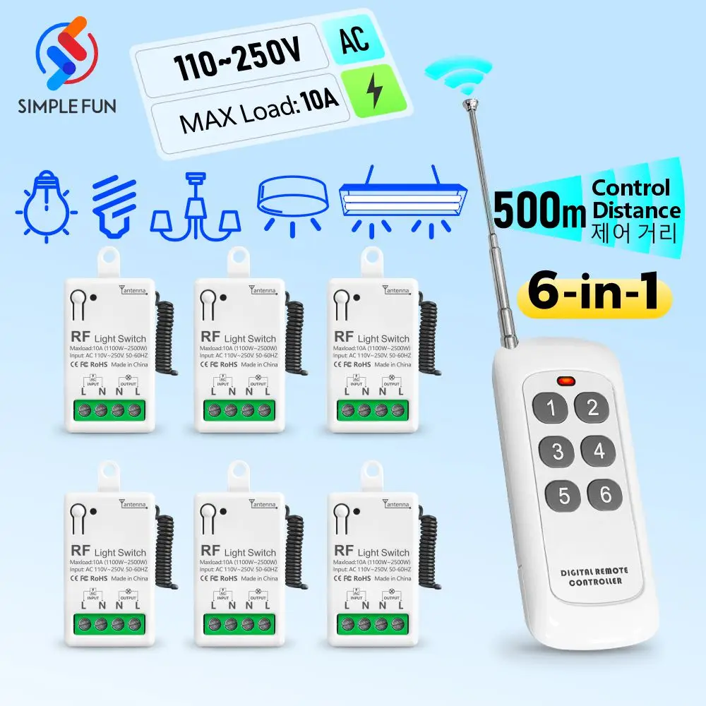 433Mhz Wireless Remote Control Light Switch 110V 220V 230V 10A Mini Relay Module 500m Range 6-in-1 Transmitter for Lamp LED Fan