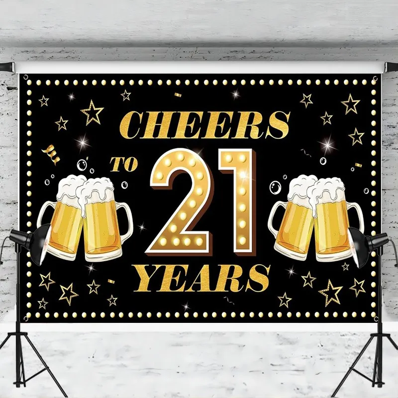 21st Birthday Decoration Cheers to 21 Years Backdrop Banner Black Gold Background 21st Yard Sign Photo Props for Outdoor Indoor