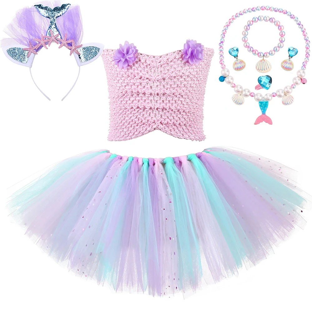 Sparkly Mermaid Skirt Outfit for Baby Girls Seamaid Ballet Tutus Dress Set Kids Toddler Birthday Costume with Fish Tail Hairclip