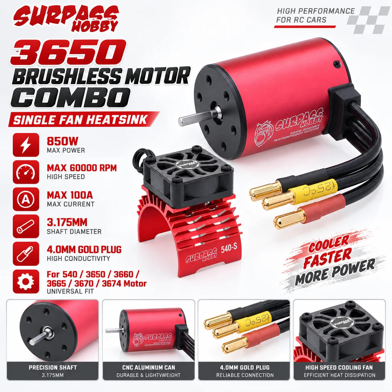 SURPASS HOBBY Brushless Motor w/ Cooling Fan Heat Sink 3650 Combo set for 1/10 RC Truck Buggy Crawler Off-Road Car Upgrade Parts