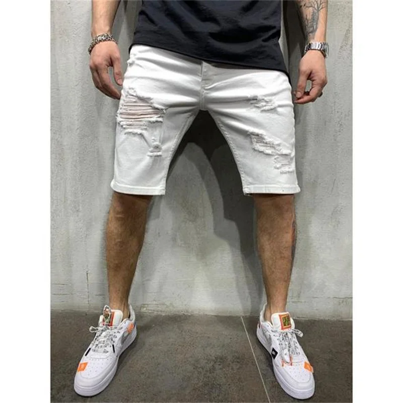 Fashion Broken Holes Denim Shorts Male Trend Streetwear Men Solid Color Jeans Summer Daily Casual Sports Tight Five-piece Pants