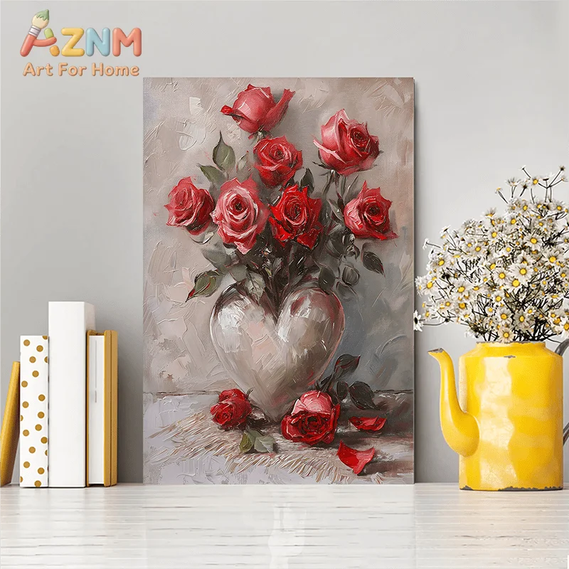 AZNM Textured Oil Painting Red Roses Heart‑Shaped Vase Canvas Wall Art, Romantic Vintage Floral Frameless Canvas Print Poster fo