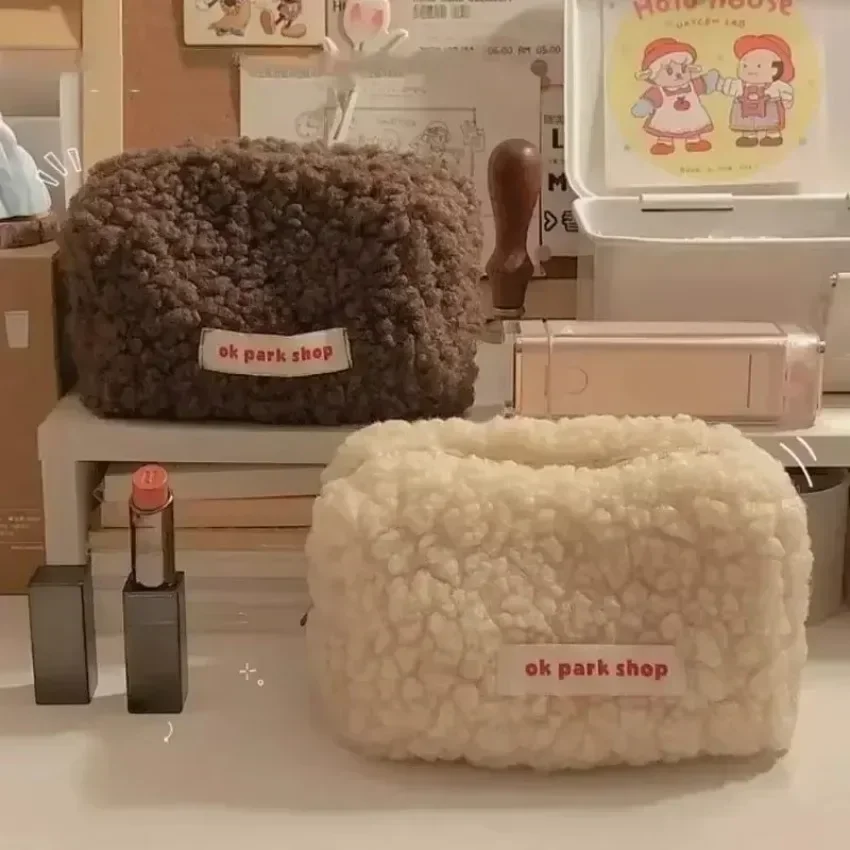 Cute Lamb Wool Plush Makeup Bag Large Capacity Travel Cosmetic Toiletry Pouch Coin Purse Stationery Storage Organizer Case
