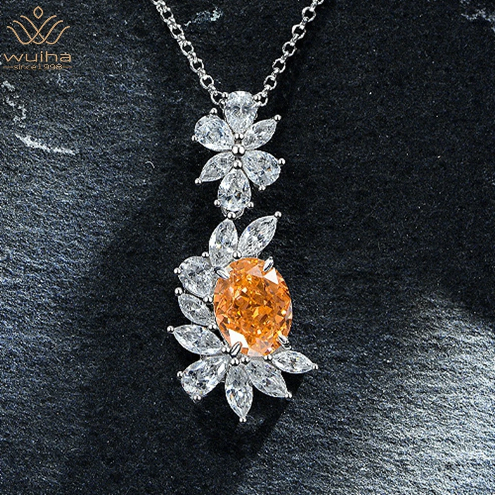 

WUIHA Real 925 Sterling Silver Oval 4.5CT Fancy Vivid Orange Sapphire Created Moissanite Diamond Pendant Necklace for Women Gift