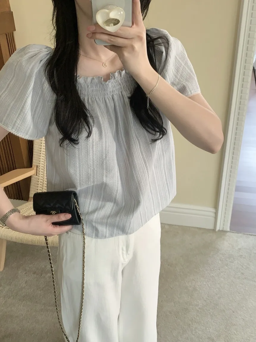 Loose Fit Lace Trim Bubble Sve irt Women's Collar Pleated Ear Look Top Trendy Sweet Youthful ort Sve Polyester