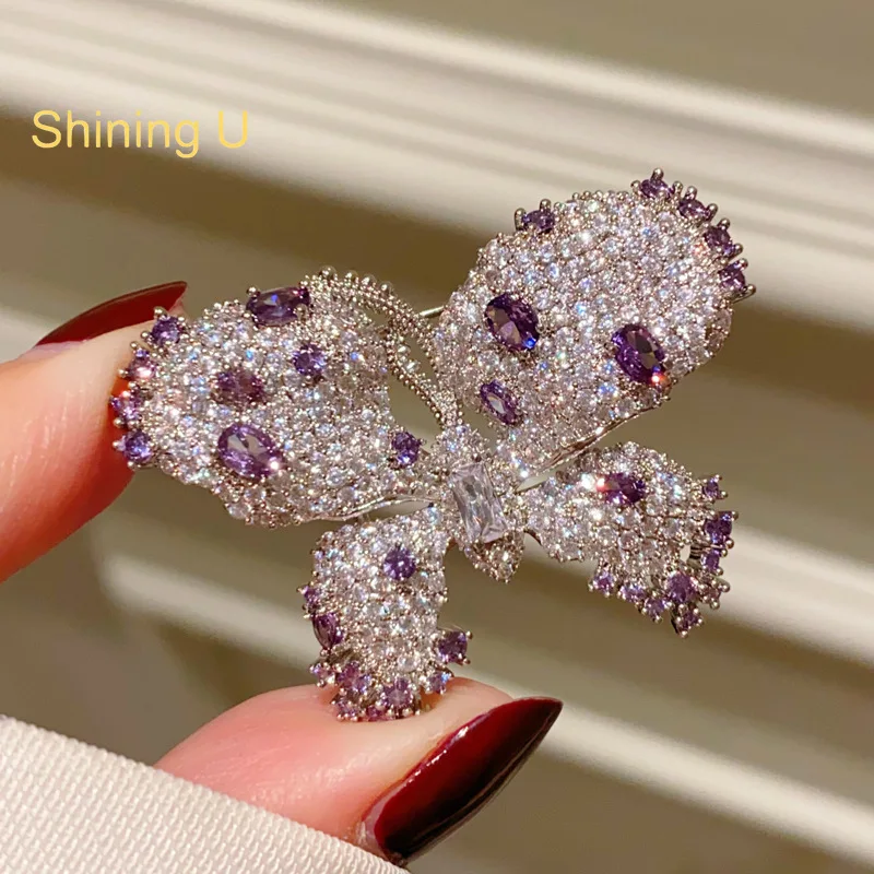 Shining U Vintage Luxury Full  Emerald Violet Gems Butterfly Brooch for Women Fashion Accessory Gift