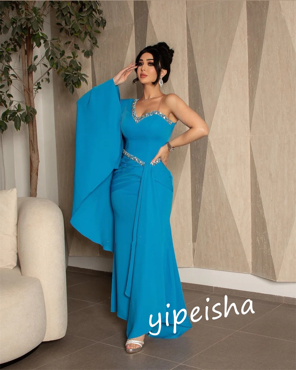  Evening Jersey Rhinestone Pleat  Sheath One-shoulder Bespoke Occasion Gown Midi Dresses Saudi Arabia