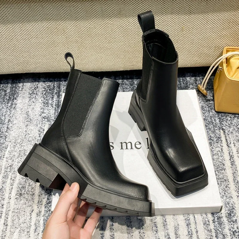 Genuine Leather Ankle Boots Women Square Toe Short Boots Fashion Chunky Heel Boot High Heeled Designer Platform Chelsea Boots