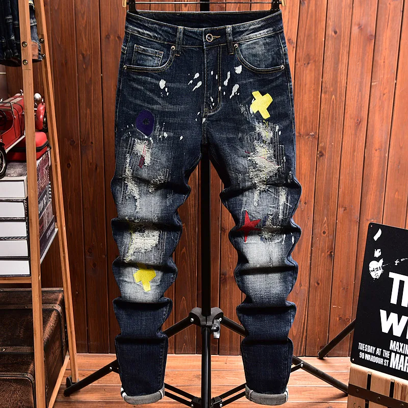 High End Light Luxury Blue Jeans For Men Autumn And Winter Elastic Slim Fit Straight Tube Embroidery Hole Patch For Men'S Denim