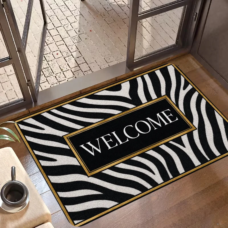 VIKAMA Welcome Floor Mat Zebra Print Black White Gold Trim Pattern Anti‑Slip Washable Doormat Entryway Modern Home Decor Rug