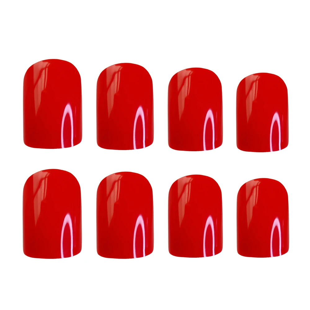 48 pezzi di unghie finte rosse lucide con colla gelatinosa, stampa artificiale quadrata corta su unghie finte, copertura completa, punta delle dita, strumento per manicure