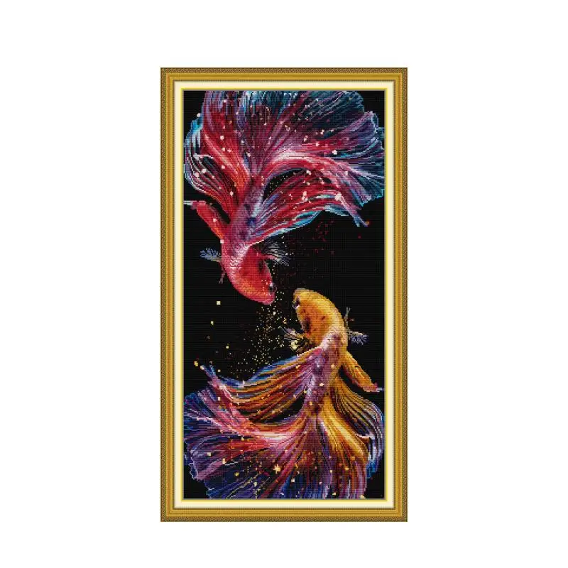 Couple Animals Pisces Fighting Pattern Cross Stitch Kits DIY Hand Embroidery 14CT 11CT Count Printed Canvas Fabric Sewing Set