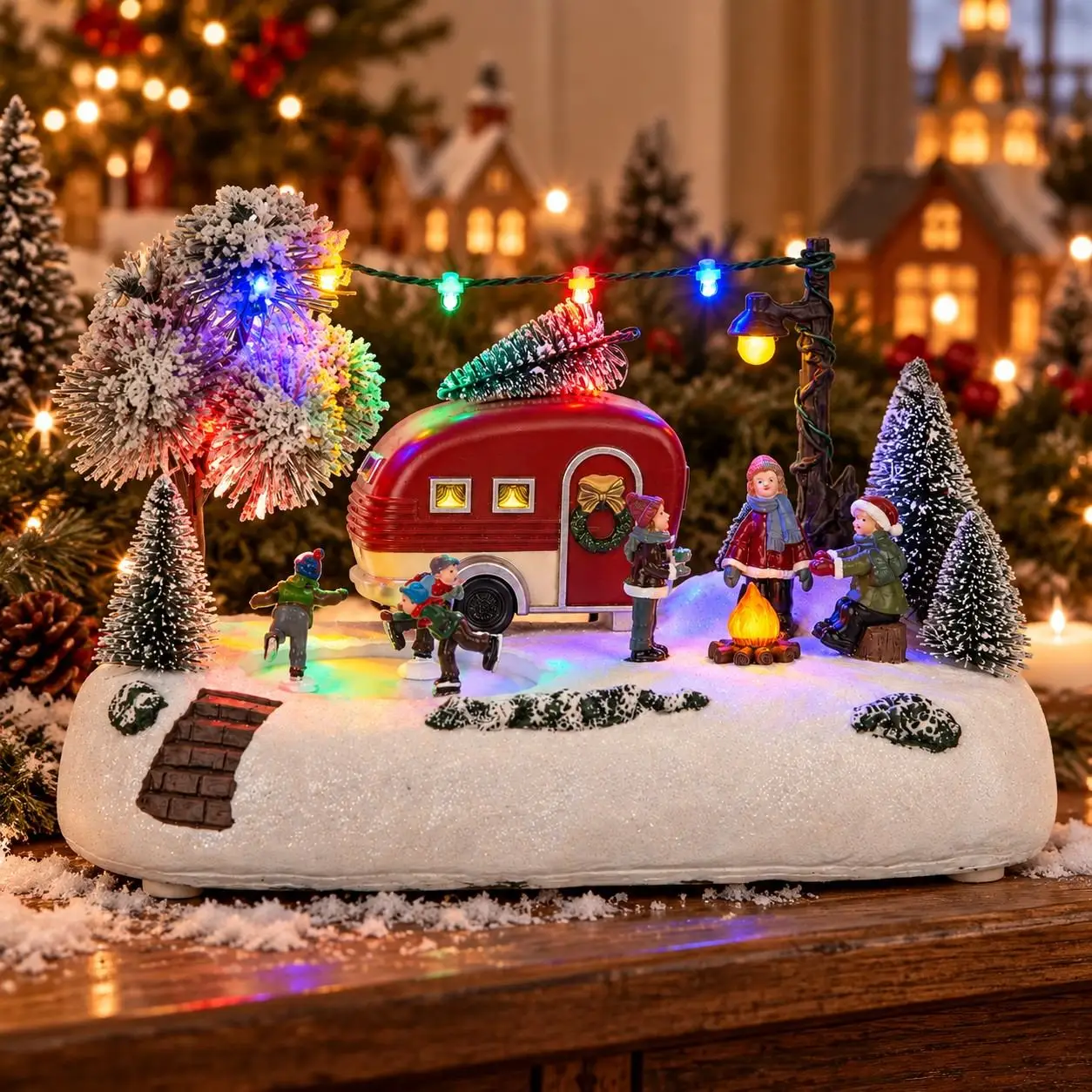 Animierte Weihnachtsdorf-Camper-Kollektion Dekoratives Licht Musikalische Rotierende Eislauffiguren Schneereicher Winter Tisch-Weihnachtsbaumschmuck