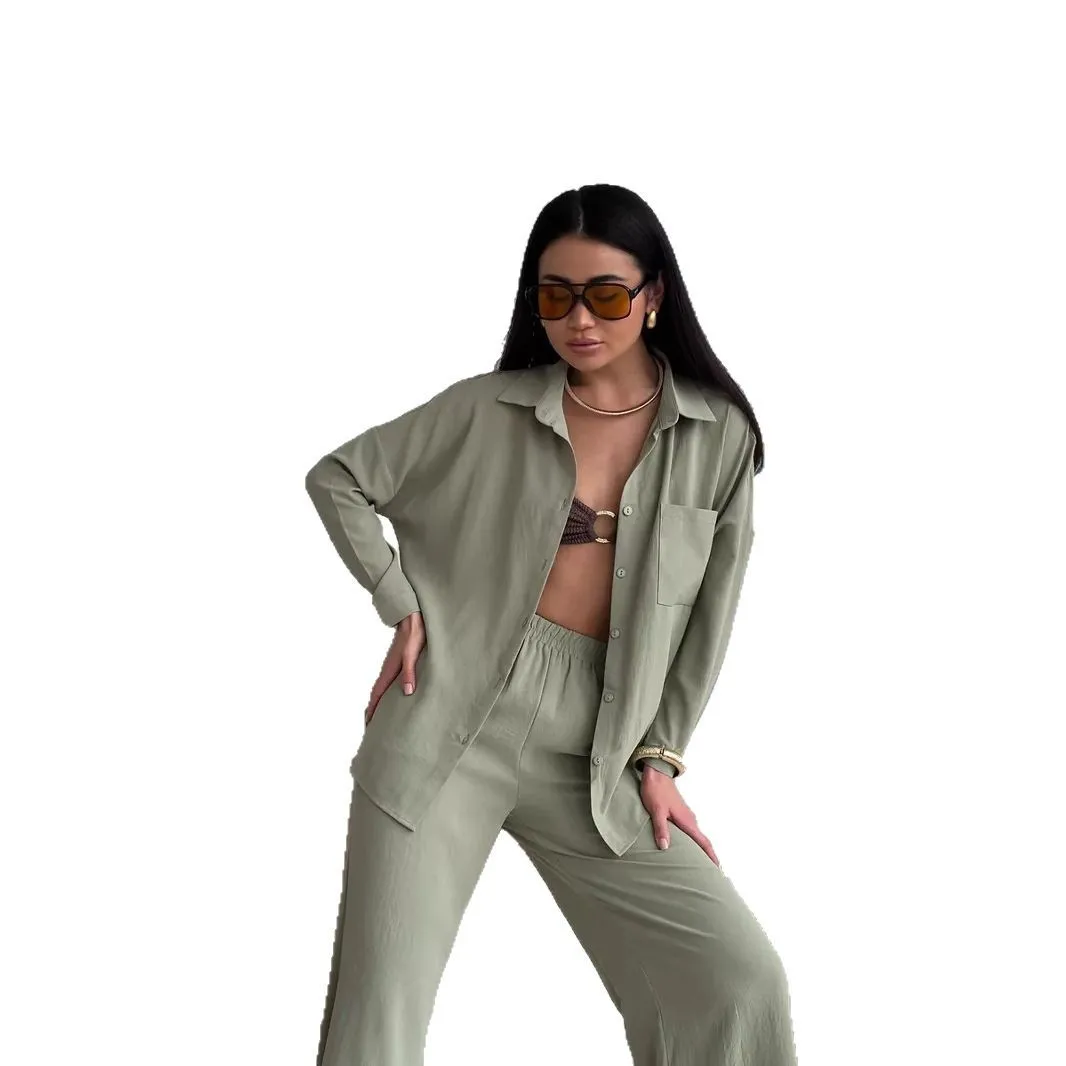 Комплекты брюк из двух предметов, повседневные офисные женские однотонные рубашки с длинными рукавами, прямые длинные брючные костюмы с карманами, весна-лето 2023 г.