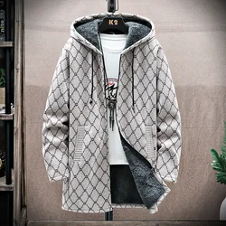 Men Long Cardigan Knitted Hooded Sweater Coat 2024 Winter Warm Thick Plaid Embroidery Zip Fleece Lined Long Jacket Mens Clothes