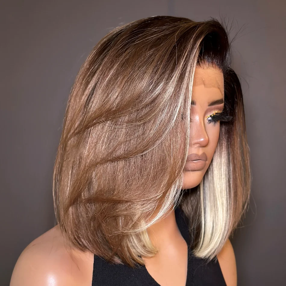 Peluca de Cabello Humano Liso Bob con Raíz Oscura y Reflejos Marrones Balayage Rubio Ceniza, con Frente de Encaje HD 13x4, en Liquidación