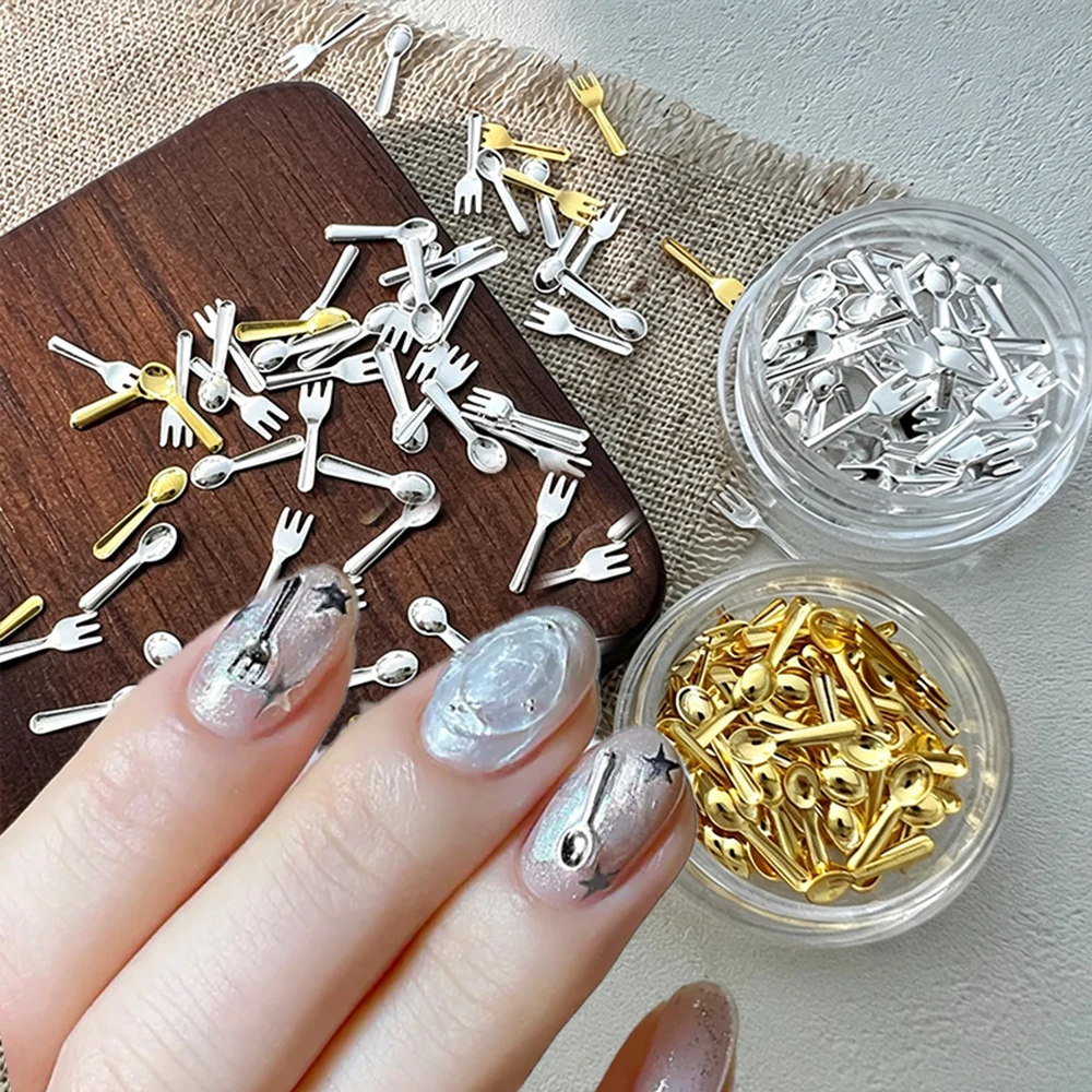 1Box Gold Silver Mini Fork & Spoon Nail Charms 3D Metal Tableware Nail Jewelry Y2k Dessert Spoon Fork Metallic Alloy Nail Decora