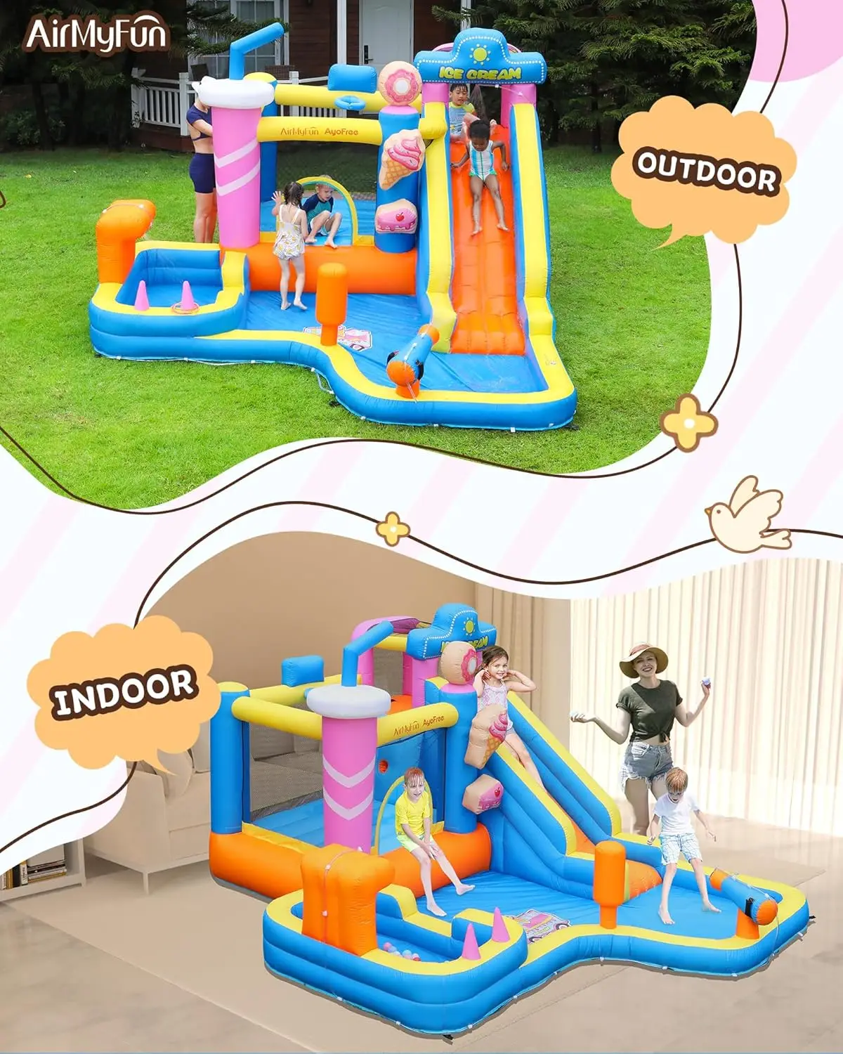منزلق مائي قابل للنفخ من Bounce House، منزل ترتد للأطفال الكبار 8-12 موضوع الآيس كريم الحارس، مع مسدس ماء وحفرة كروية