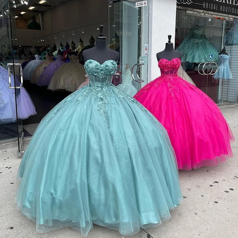 Robes de Quinceanera vertes sauge brillantes, robe de Rhde luxe, appliques florales 3D, robes Sweet 16, robes de fête d'anniversaire à lacets