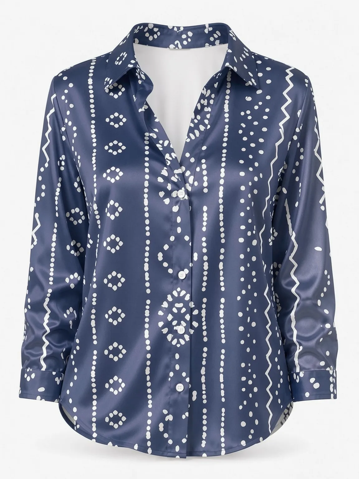 Women's Satin Shirt with Geometric Print, Stylish Solid Color, Casual Loose Fit, Button-Down Long Sleeve Top (Summer/Autumn)