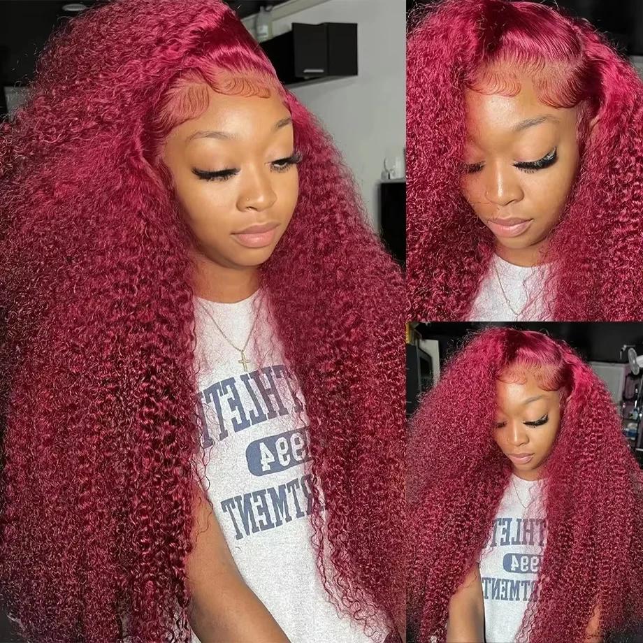 Burgundy 13x6 Hd Lace Frontal Human Hair Wig Deep Wave Curly Human Hair Wigs Water Wave Colored 99j Red 30 Inch Lace Front Wig image 4
