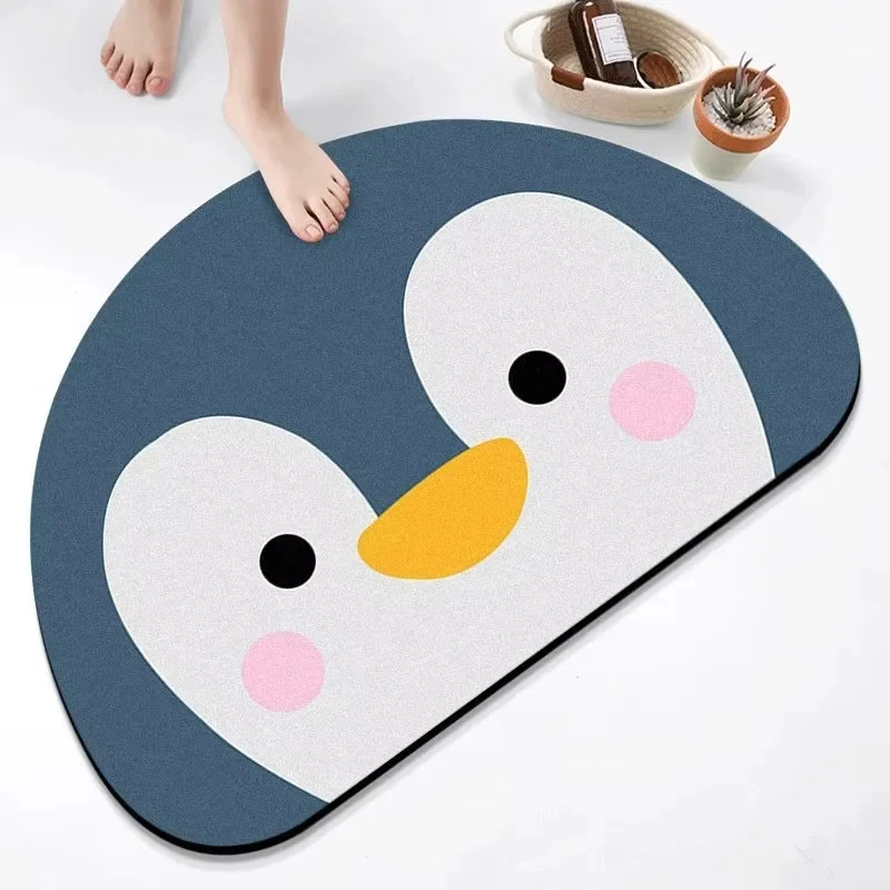 VIKAMA Cute Cartoon Penguin Semicircle Bath Mat Non-Slip Absorbent Quick Dry Washable Floor Mat for Bathroom Shower
