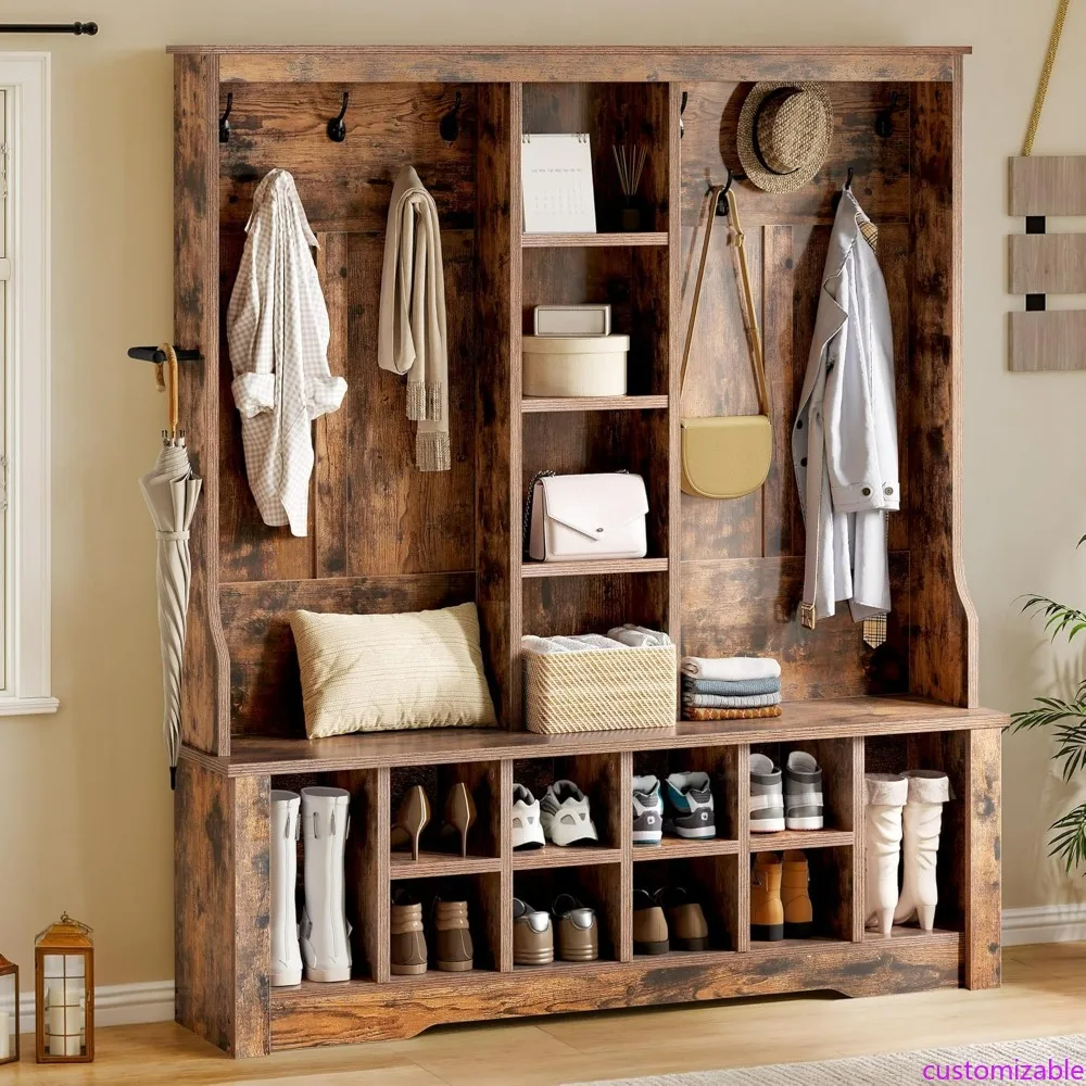 

Wide Hall Tree with Bench, 10 Shoe Storage Cubbies, 10 Coat Hooks, and 4-Tier Center Storage for Hallway Entryway