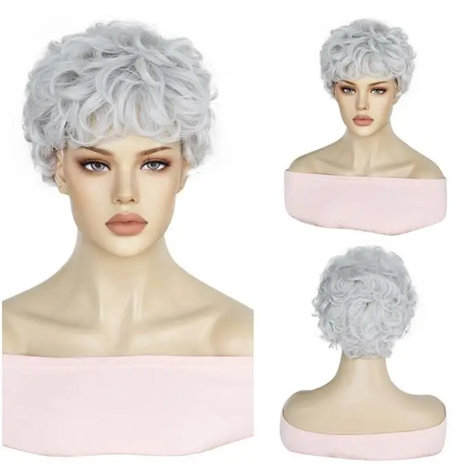 10inch Gray Short Curly Cut Layered Synthetic Bangs Older Lady Cosplay Wig for Halloween Christmas School Thanksgiving Day