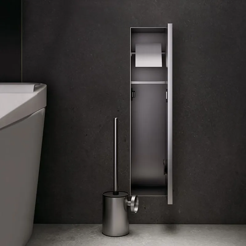 Recessed Toilet Niche 304 Stainless Steel Hidden Toilet Brush Embedded Bathroom Storage Niche Left Right Door， Black /Gun Gray
