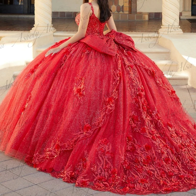 NW92 Customized Mexican Red Princess 14 16 Girl Quinceanera Dresses V Neck Flower Applique Ball Gown Women Prom Occasion Dress