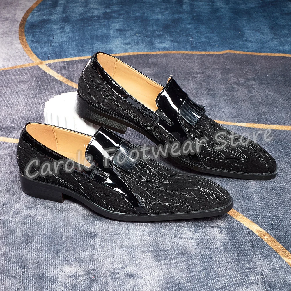Male Sequin Splicing Genuine Leather Tassel Loafers Fashion Pointed Toe Chunky Heel Shallow Mules Business Party Dress Shoes