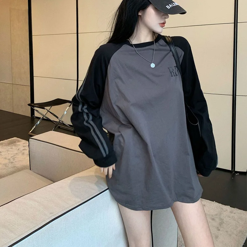 Spring New Patchwork Striped Loose T Shirt Tops Long Sleeve Round Neck All-match Pullovers Trend Korean Fashion Women Clothing