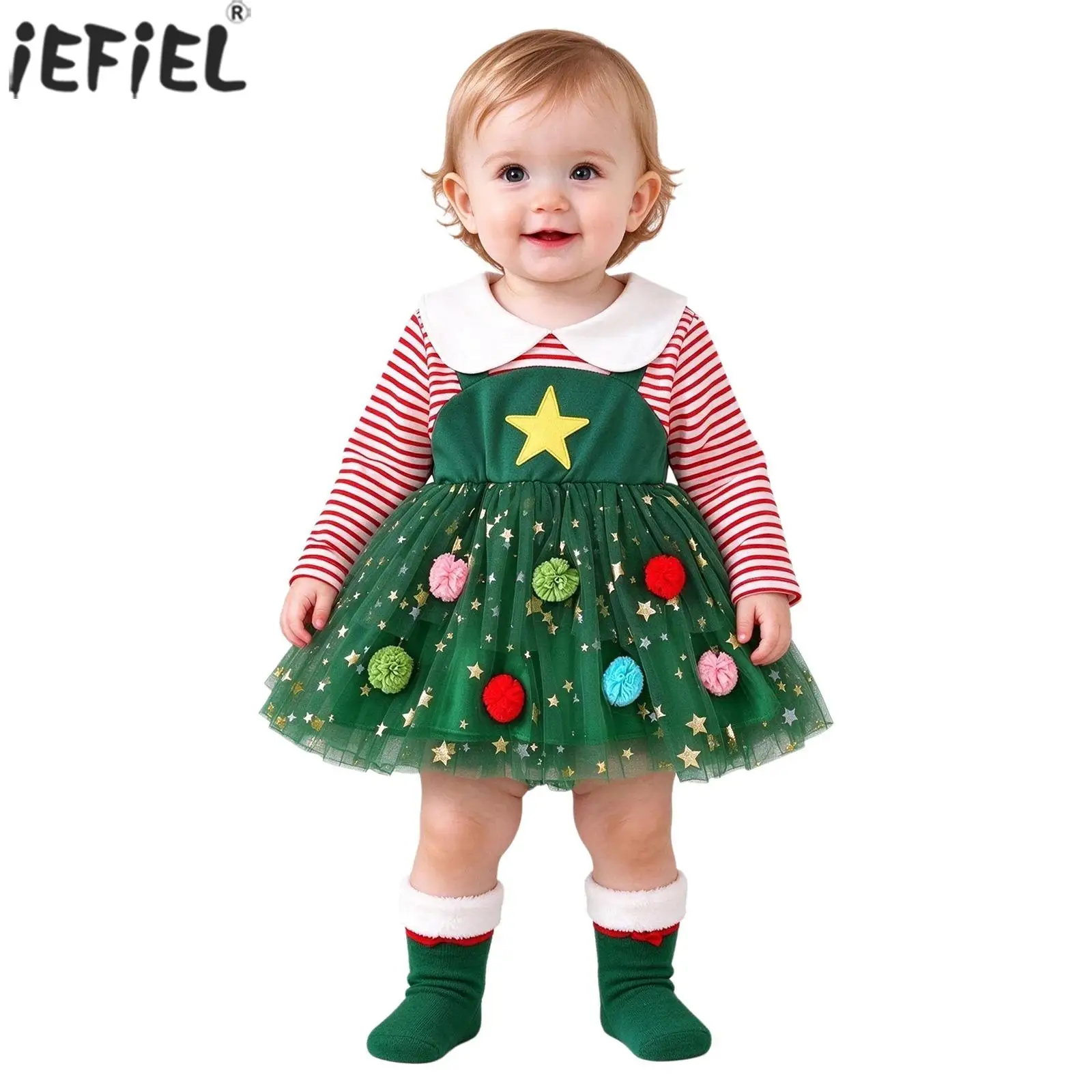 Toddler Baby Girls Christmas Dress Long Sleeve Striped Bodice Star Sequin Layered Tulle Dresses for Xmas Party Photo Shoot