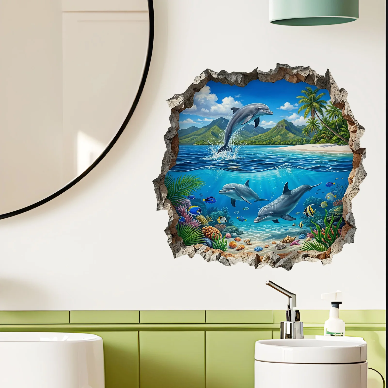 3D Dolphin Underwater World Wall Sticker, Tropical Ocean Beach Broken Wall Mural, Removable Bathroom Kids Room Decor