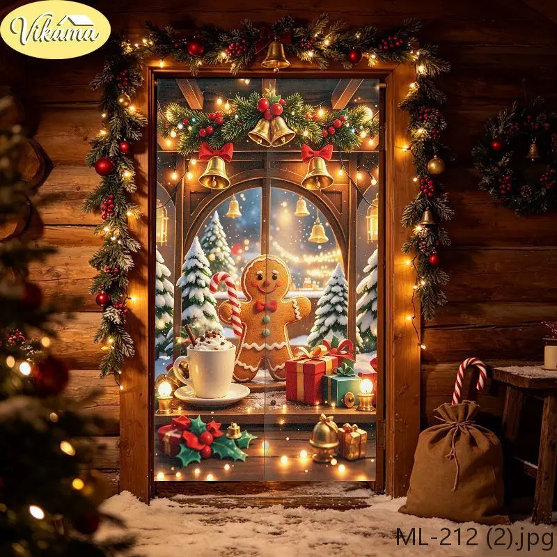VIKAMA Gingerbread House Christmas Half-Curtain, Gingerbread Man Print Fabric Curtain, Privacy Divider, Home Decor
