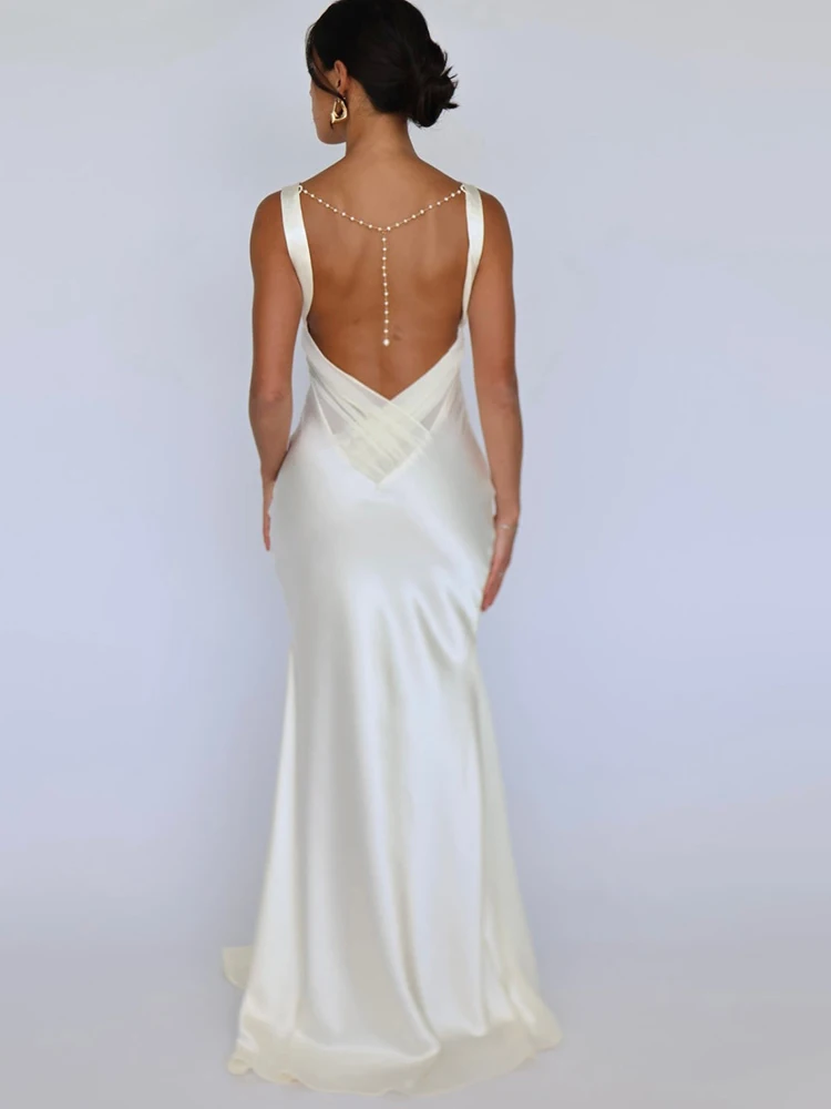 Julissa mo cetim sexy com decote em v pérola corrente feminino maxi vestido cinta de espaguete vestido de cintura alta inverno fino elegante clube vestido de festa