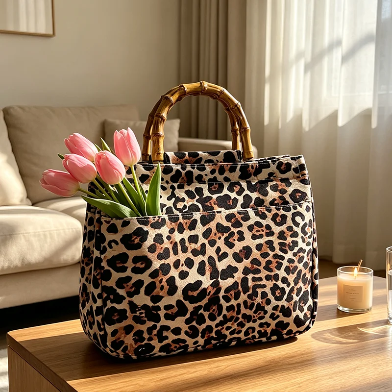 Retro-Tasche für Damen mit Leopardenmuster und Griff aus Kunstbambus. Beige Handtasche mit schwarzem und braunem Leopardenmuster für Damen – Detail 3
