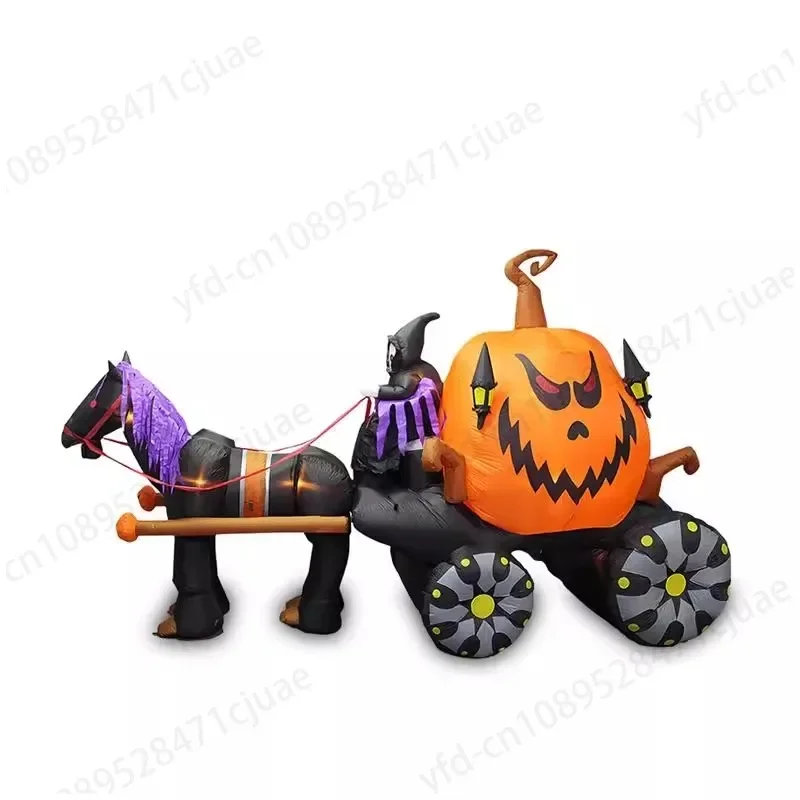 Cross-border Halloween skeleton ghost man riding pumpkin carriage inflatable air model with LED lights courtyard outdoor decorat