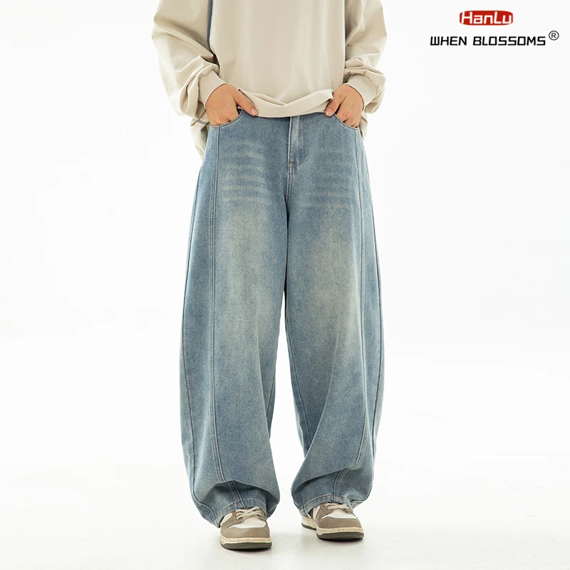 HANLU 2025 Spring New! Men's Retro Washed Oversized Jeans, Split Structure Curved Trousers from Trendy Brand, Loose and Stylish