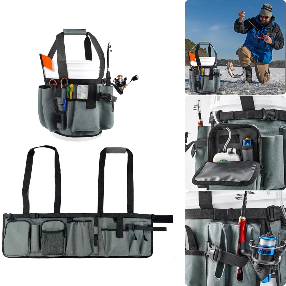 Ice Fishing Bucket Tool Organizer Tackle Bag Multi-Pocket Rod & Pliers Holder Holder For 5 Gallon Bucket Fishing Tool Storage