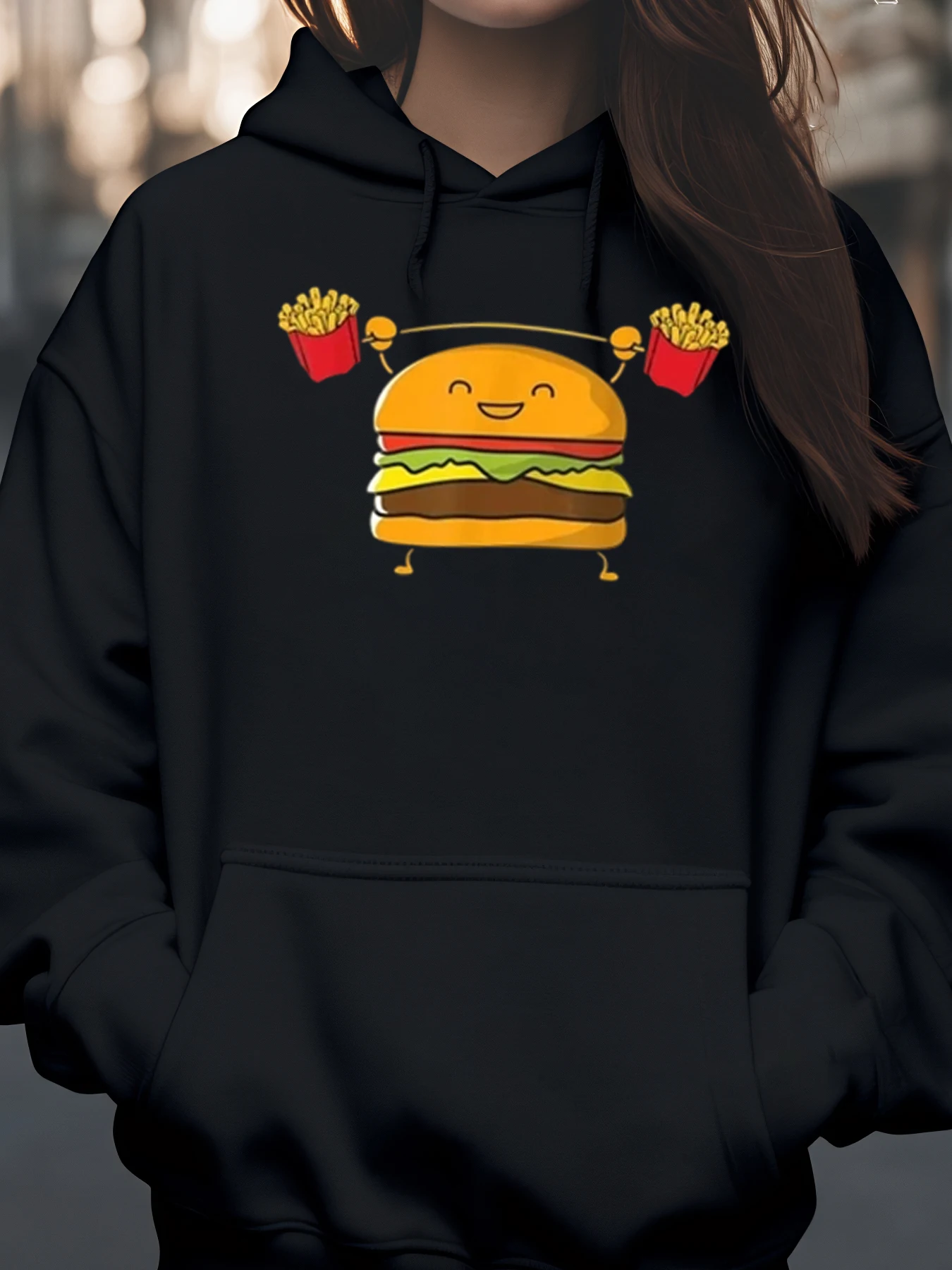 

Толстовка с принтом гамбургера и картофеля фри, повседневная одежда для любителей еды, уличная одежда унисекс