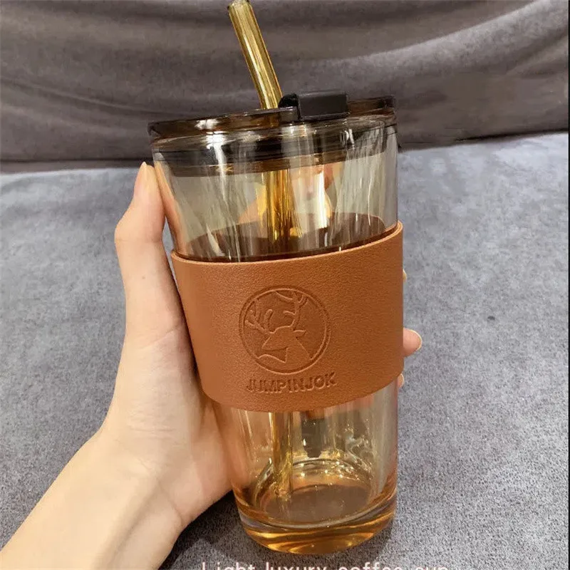 350ml 450ml Creative Christmas Deer Glass Cup With Lid Straw Leather Cover Heat-resistant Coffee Mug Transparent Glass Tea Cup
