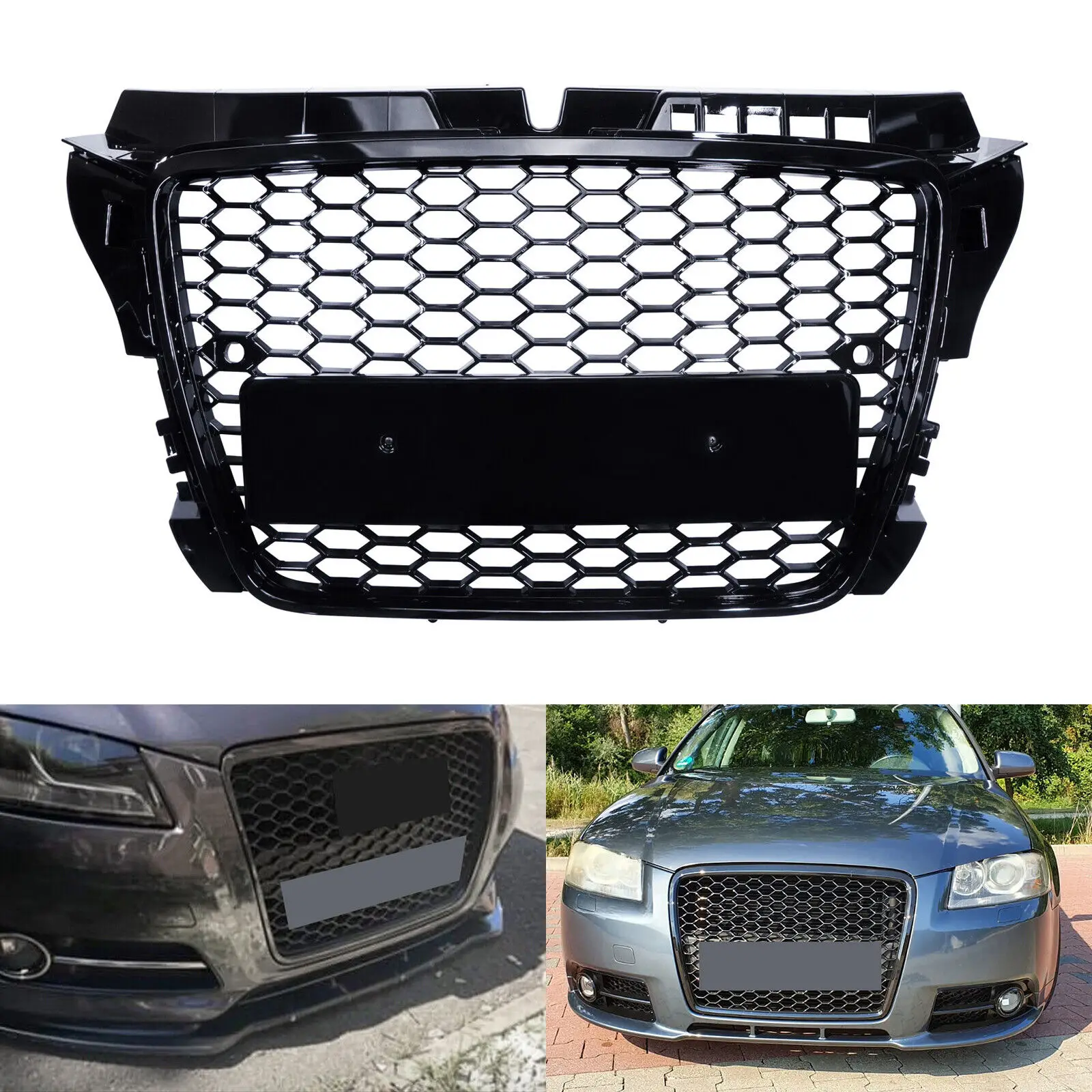 Honeycomb Mesh Front Bumper Grille For 08-12 Audi A3 8P S3 RS Style Gloss Black