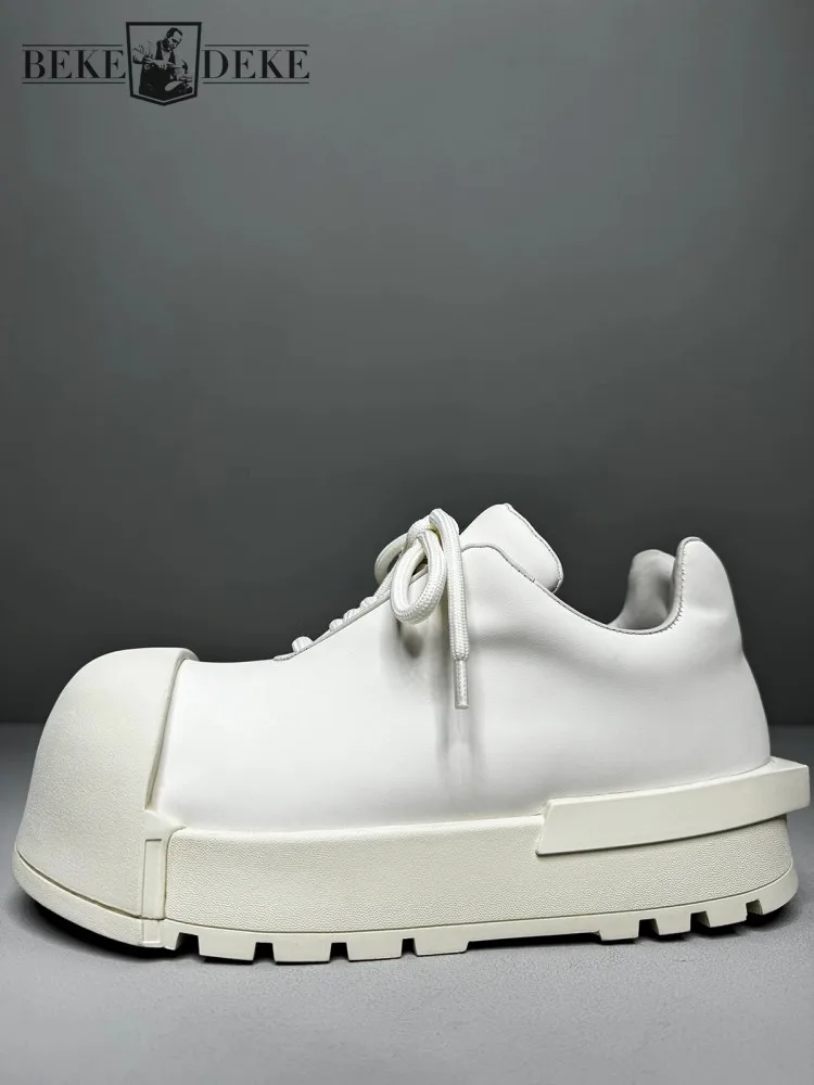 Hip Hip Men Genuine Leather Height Increasing Shoes Lace Up Round Toe Casual Platform Sneakers High Street Personality Footwear