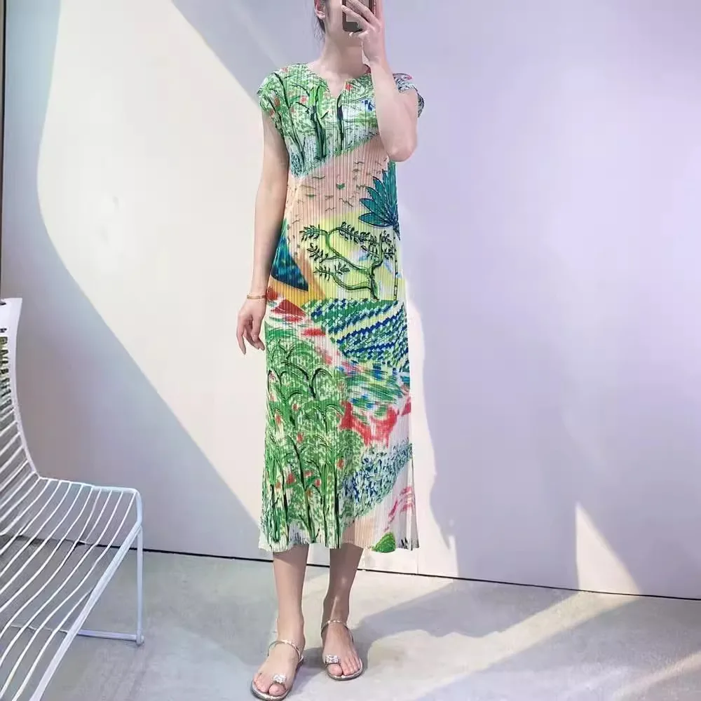 

Folds 2025 summer new printed V-neck skirt thin holiday dress vestidos elegantes para mujer LOOSE FIT