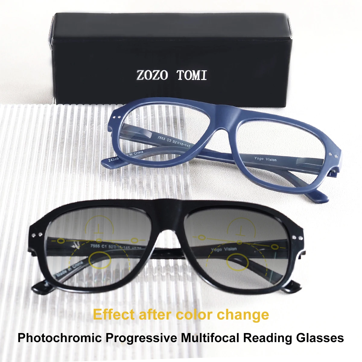 Photochrome, progressive multifokale Lesebrille, klare und breite Sicht, klassisches Design, Metallbügel, Unisex.