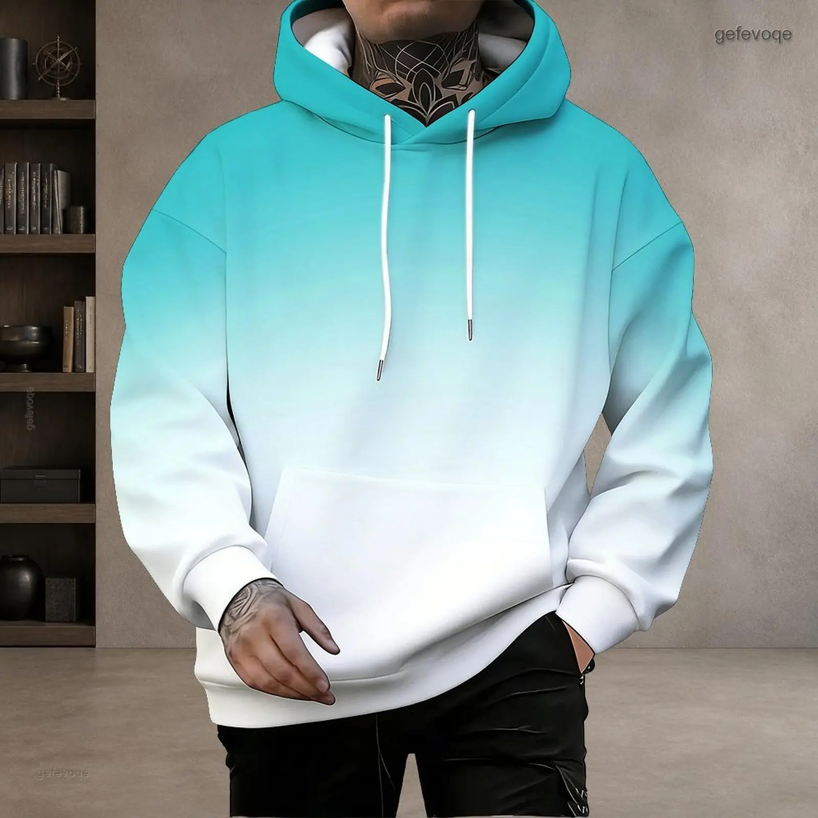 Men Cyan White Gradient Print Long Sleeve Pullover Hoodie with Drawstring Hood and Kangaroo Pocket